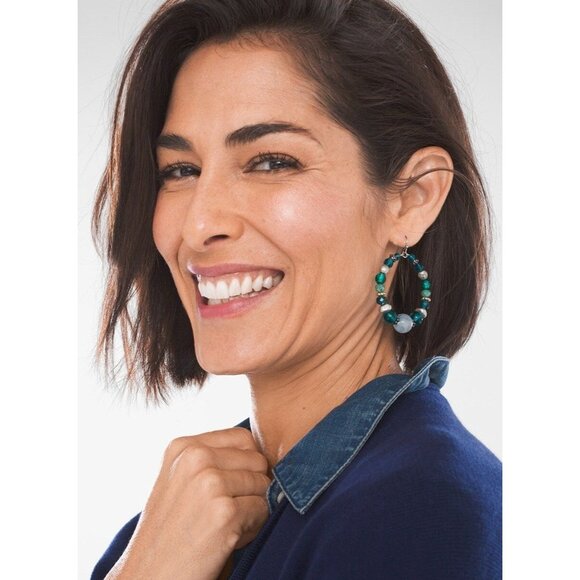 Chicos Silvertone Teal and White Marbled Stone Anne Hoop Earrings Hook Backs - Picture 3 of 5
